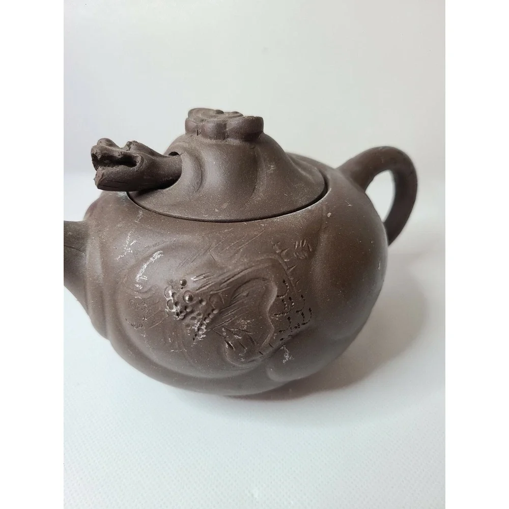 Vintage Chinese Brown Clay Yi Xing Teapot Movable Dragon Head Marked Lid